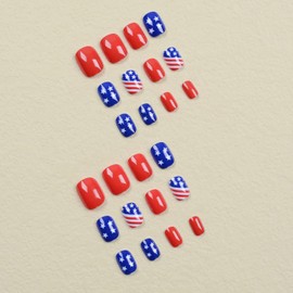 Independence Day Press on Nails Short Square Glossy United States Flag Design Full Cover French False Nails Red White Blue Tricolor Fake Nails Artificial Acrylic Nails Glue on Nails for Women July 4