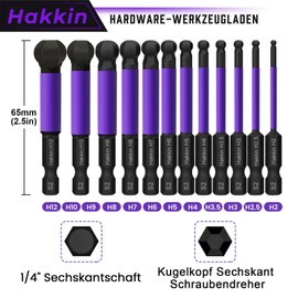 Hakkin 12 Pieces 65 mm Ball Head Hex Screwdriver Bit 1/4 Inch S2 Magnetic Hex Screwdriver Set 2/2.5/3/4/5/6/8/10/12 mm Ball End Hex Screwdriver Allen Key Set