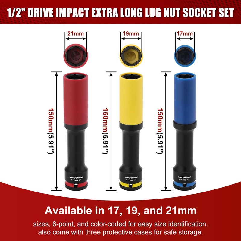MIXPOWER 3 PCS 1/2" Drive Lug Nut Impact Socket Set,