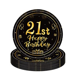 16Pc Black Gold 21st Birthday Paper Plates 7",Birthday Tableware Party Plate Disposable,21st Birthday Table Decorations Plates Birthday Gifts for Girls,Boys,Women,Men,Him,Her 21st Birthday Party Décor