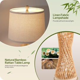 24.4” Farmhouse Rattan Table Lamps Set of 2, Touch Bedside Lamps for Bedroom with 3-Way Dimmable Night Light, USB A+C Charging Ports, Bamboo Boho Nightstand Lamp with Cream Linen Shade(Bulbs Included)