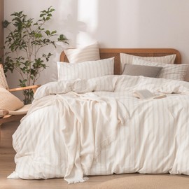 Striped Cotton Duvet Cover Set Linen Feel Queen