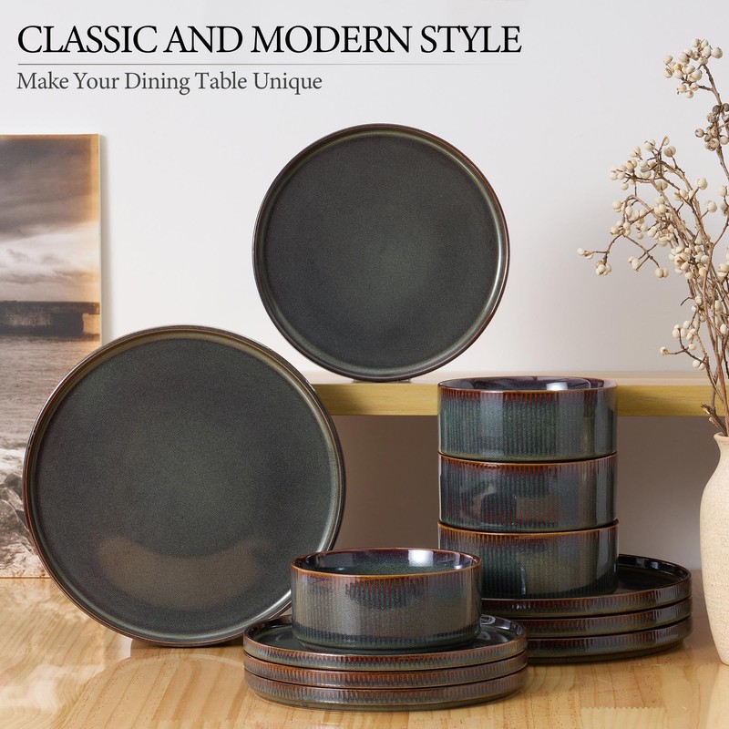 E-far Stoneware Dinnerware Sets, 18-Pieces Modern Plates and Bowls Sets,