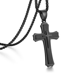 Jiamiaoi Black Cross Necklace, Stainless Steel Unisex Chain with 316L Cross Pendant, 22-26 inches, Nickel Free