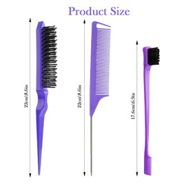 3 Pcs Hair Styling Brush Set - Double Sided Edge Control Brush, Rat Tail Comb & Bristle Hair Brush for Home, Salon, and Travel (Purple)