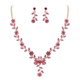 BriLove Women's Wedding Jewelry Leaf Cluster Flower Crystal Dangle Earrings Pendant Necklace Set for Bridal Pink