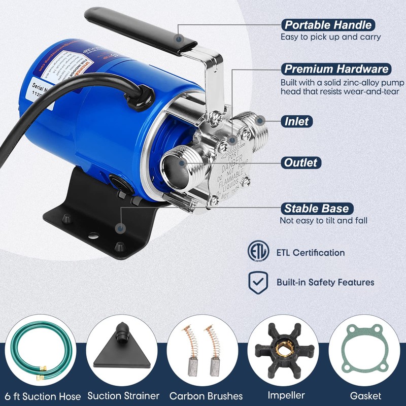 Water Pump, 115V 1/10HP 330GPH Water Transfer Utility Pump, With