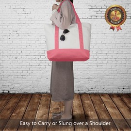 TOPDesign 1-Pack Canvas Tote Bag with an External Pocket, Reusable Grocery Shopping Bag, Top Zipper Closure, Daily Essentials (Rose Pink/Natural)