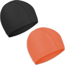 2 Pcs Elastic Swim Caps Comfortable Non-slip Fabric Swimming Hat Lightweight Bathing Caps for Women Men Kids to Swimming (Black, Orange)