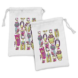 Ambesonne Cartoon Fabric Pouch Set of 2, Owl Eyes Funny Best Friends Forever Animal Themed Fun Design, Small Drawstring Bag for Toiletries Masks and Favors, 9" x 6", Multicolor Coral