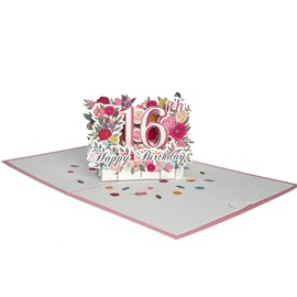 HOMANGA Happy 16th Birthday Pop Up Card, 16 Birthday 3D Greeting Card for Her, 16th Birthday Gifts for Girl Sister Daughter Nephew, Sixteen Pop Up Birthday Card with Blank Note and Envelope, 15x20 cm