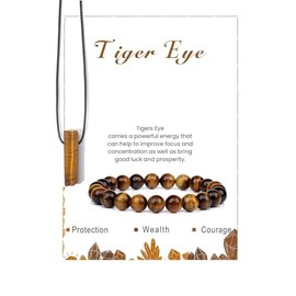 Pingyongchang Calming Yoga Bracelets Necklace Set, Relaxation Crystal Stone Mantra Bracelets for Women, Natural Crystal Stone Birthday Gifts, Black Leather Necklace for Men-Tiger Eye