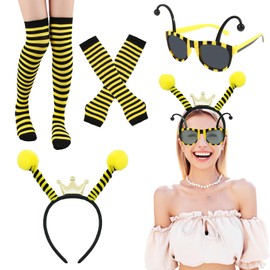 NebulaGlam NebulaGlam 4 Stück Bienen Kostüm Damen Mädchen, Bienen Haarreif Biene Bienenantenne Biene Brille Biene Fingerlose Handschuhe Biene Socken Bienenkostüm Erwachsene Kinder für Fasching Karneval Kostüm Da