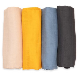 FENSILO Muslin Squares for Baby 60 x 75 cm Pack of 4 Muslin, Made in EU, Cuddle Cloth Haunting Cloth for Boys and Girls, Muslin Cloths, Baby Burp Cloths, Black, Blue, Yellow, Beige