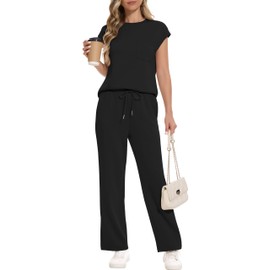 RUBZOOF 2 Piece Set for Women Summer 2025 Vacation Clothes Travel Track suits Outfits Two Piece Lounge Sets Matching Sweat Set Comfy Loungewear Black M
