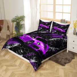 Sports Car Duvet Cover Set Single Size, Purple Racing Car Bedding Set 2pcs for Kids Boys Girl Bedroom Decor, Honeycomb Print Comforter Cover Extreme Sports Theme Quilt Cover with 1 Pillowcase