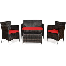 Goplus 4-Piece Rattan Patio Set, Outdoor/Indoor Wicker Conversation Set for Pool, Backyard, Lawn, Wicker Chairs and Sofa with Soft Cushion, Rattan Furniture with Tempered Glass Coffee Table
