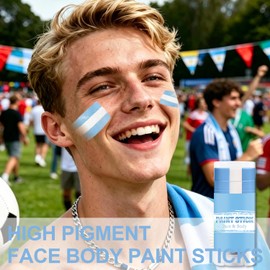 Blue White and Blue Argentina Face Paint Sticks for World Cup Fans; Sweat-Resistant, High-Pigment Face Paint Sticks Suitable for Sports Such As Soccer, Rugby, Softball, Baseball & Hockey.