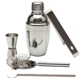 Cocktail Shaker Set - 5pcs Stainless Steel Bartending Kit with 25 Ounce Cocktail Shaker with Built in Drink Strainer, Measuring Jigger, Mixing Spoon, Hawthorne Strainer - Professional Bar Tools