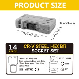 14-Piece Socket Set, Hexagon Socket Bit Set, Impact Wrench Nuts 1/2 Inch, Hex Bit Set H3-H24 mm, for Electric Wrench, Ratchet Wrench