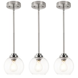 WYNEYET 3 Pack Globe Pendant Light, Brushed Nickel Hanging Ceiling Light Fixtures with White Frosted Glass Shade, Modern House Adjustable Lights for Kitchen Island Bedroom Hallway
