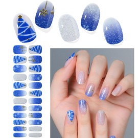 Christmas Semi Cured Gel Nail Strips, Snowflake Winter Glitter Gel Nail Stickers Long Lasting Cute Blue Snow Xmas Tree Holiday Semicured UV Nail Wraps UV Light Required for Women Girls(20Pcs)