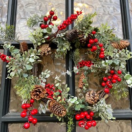 Gisela Graham foliage, cones & red berry twig Christmas door WREATH