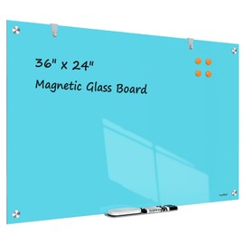 White Board Dry Erase Board 36x24 Inches Magnetic Glass Whiteboard, Large White Board for Wall Office School Classroom Home, 3x2 Feet Blue Glass Whiteboard Wall Mounted