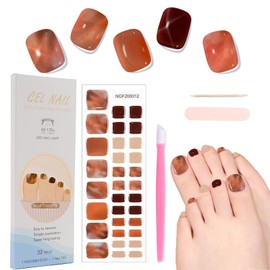 XEAOHESY 32pcs Semi Cured Gel Toenail Strips, Gel Pedicure Strips, Toe Nail Stickers, Needs to Be Cured With a Lamp, Come With Nail File, Wood Cuticle Stick, Plastic Press Stick（Marbling）