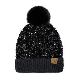ScarvesMe Women Winter Soft Knit Party Shiny Sequin Cuff Beanie Hat with Pom (Black New)