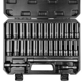EACELIY 29pcs 1/2" Socket Set, Drive Deep Impact Socket Set, Including 3 ", 5", 10" Impact Extension Bar, Standard SAE (3/8 "- 1") and Metric (10mm-24mm), Cr-V Steel