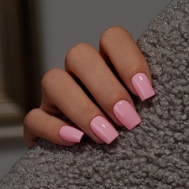 KQueenest Dark Pink Press On Nails Short Square - Summer Press On Nails Medium Coffin, Sheer Chalk Pink Fake Nails with Glue, Glossy Opaque, Reusable Soft Gel Glue on Nails for Women, 28 Pcs