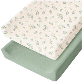 Konssy 2 Pack Muslin Changing Pad Cover for Baby Girls Boys 100% Cotton Fitted Diaper Changing Table Cover Set, Soft Changing Pad Sheets (Leafy,Green)