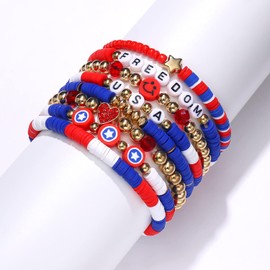 NVENF 4th of July Bracelets for Women American Flag Patriotic Stretch Bracelets White Blue Red Heishi Clay Beaded Stretch Bracelets 4th of July Accessories (8PCS Flag Color)