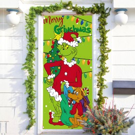 GreenYeah Christmas Door Cover Decoration, Green Haired Monster Door Cover, Green Haired Monster Background Door Hanging Christmas Decoration, Christmas Door Cover Hanging Banner 90 x 200 cm (W)
