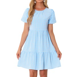 Allegra K Summer Dress for Women Gingham Short Sleeve Plaid Dresses Crewneck Loose Babydoll Casual Tiered Dresses X-Small Blue