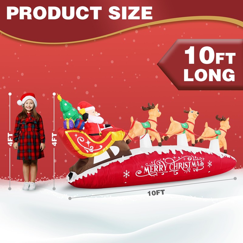 ZPISF 10 FT Santa Sleigh with Reindeer Christmas Inflatables Outdoor