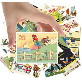 Large Stickers 24 pcs (2.5"x3.5" Each) Easter Rooster and Chickens Vintage Postcards Retro Easter Greeting Card Reprint