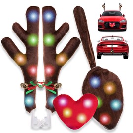 Vaygway Christmas Car Reindeer Antlers Kit with LED Lights, Red Heart Nose, Tail, and Jingle Bells- Car Decoration Kit for Window, Rooftop, Front Grille- Auto Accessories Set for Car, Truck, Van
