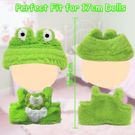 17cm Doll Clothes Set, 3Pcs Frog Plush Doll Accessories Includes Suspender Bodysuit Frog Hat and Bib Green Dress up for Girls Kids Birthday Christmas Thanksgiving Day