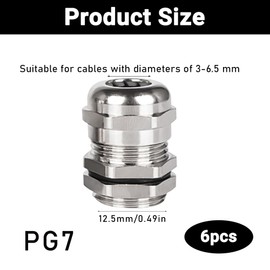 Pack of 6 PG7 Cable Glands, Waterproof Cable Grommet, Nickel-Plated Cable Connector, Cable Guide for 3-6.5 mm Cable Connection (12.5 mm Male Thread)