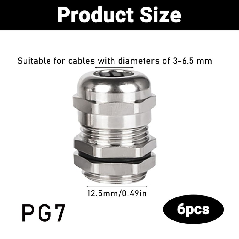 Pack of 6 PG7 Cable Glands, Waterproof Cable Grommet, Nickel-Plated