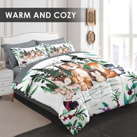 Pamnest Comforter Set Queen Size, Woodland Animal Bird 7 Pcs Bedding for Kids and Adults, Fox Cute Bear Bed Sheet Sets with Fitted Sheet 2 Pillowcases & 2 Shams for Bedroom Bed Decor
