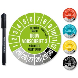 Frank Paperman® 120 x DGUV V3 Test Badges Green 30 mm Diameter Including Foil Pen, Test Badges Next Test Date, UV-Resistant, High Adhesion, 5 Colours, 2 Sizes