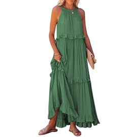 loveimgs Women's Summer Sleeveless Halter Neck Tiered Dress Flowy Ruffle Long Beach Maxi Dress Sundress (Large, Green)