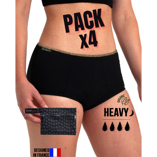 Cool Period L 4 Pack Black Shortys & Waterproof Bag Ultra Absorbent Cotton Menstrual Underwear & Lightweight Urinary Incontinence Underwear Washable French Brand