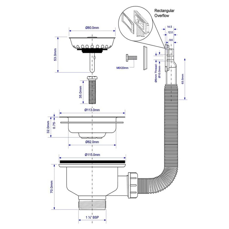 McAlpine BWSTOFRS Basket Strainer Waste Rectangular Overflow, White/Chrome