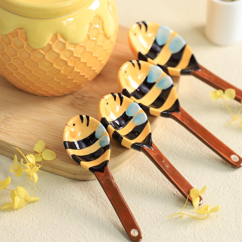 Sizikato 4pcs Porcelain Measuring Spoons with Base, Cute Ceramic Bee