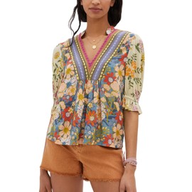 Sujama Women’s Summer Causal Boho Blouse Floral V Neck Ruffle Half Puff Sleeve Shirts 2025 Loose Fit Vacation Beach Tops Apricot