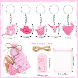 Equsion 50 Sets Western Cowgirl Party Favors for Guest Pink Acrylic Disco Cowgirl Keychain with Pink Organza Bags and Thank You Tags for Birthday Bridal Shower Bachelorette Party Supplies